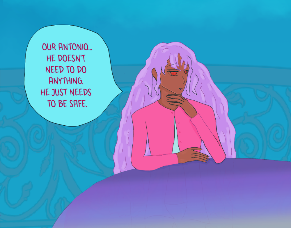 [Rayan Ahmad has sienna skintone, red eyes, and wavy moon-lavender hair. He wears a pink sweatshirt with a white shirt.]
Rayan says, peering at the balcony windows: “Our Antonio… He doesn’t need to do anything. He just needs to be safe.”